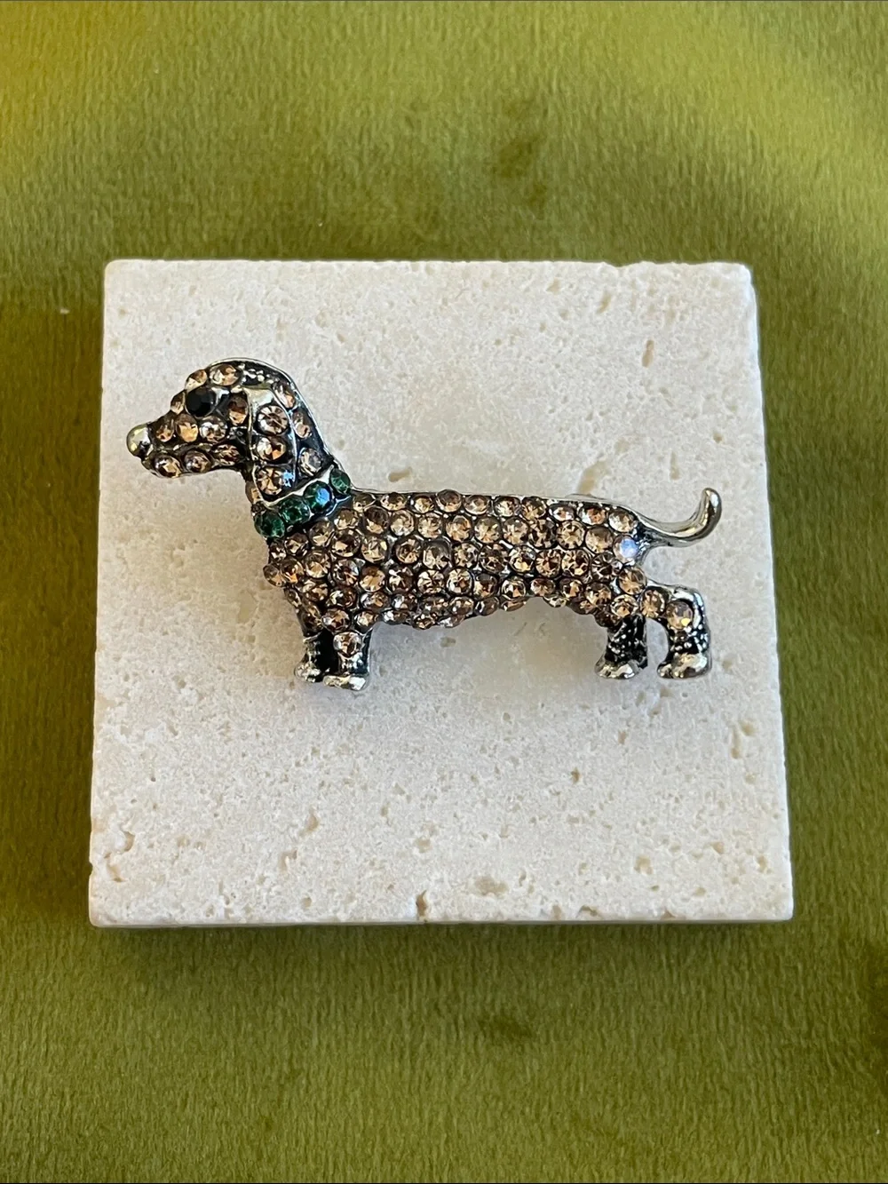 Anthropologie Brown Rhinestone Dachshund Brooch with Green Collar